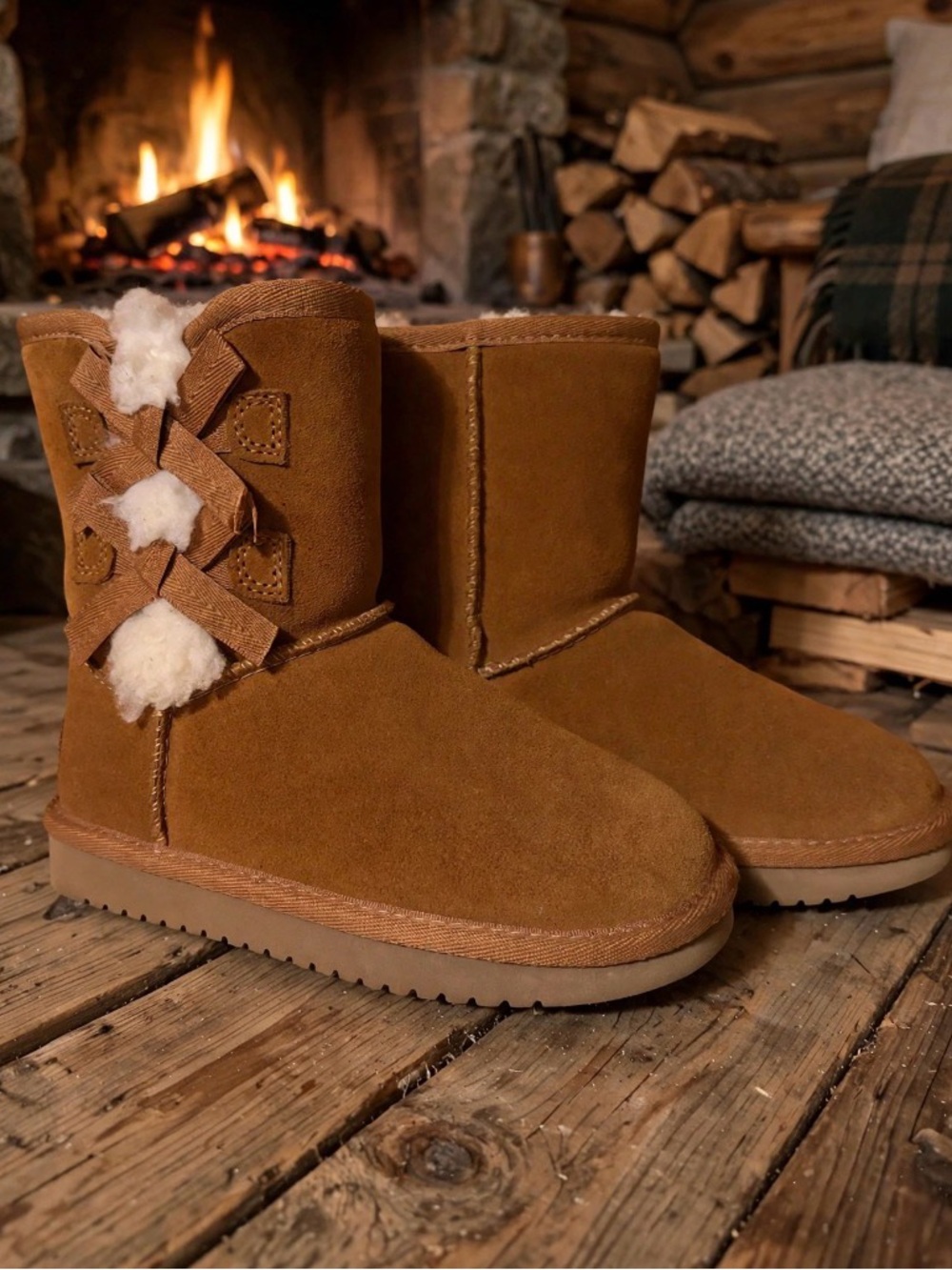 Koolaburra Kids Chestnut Brown Suede Bow Shearling Boots